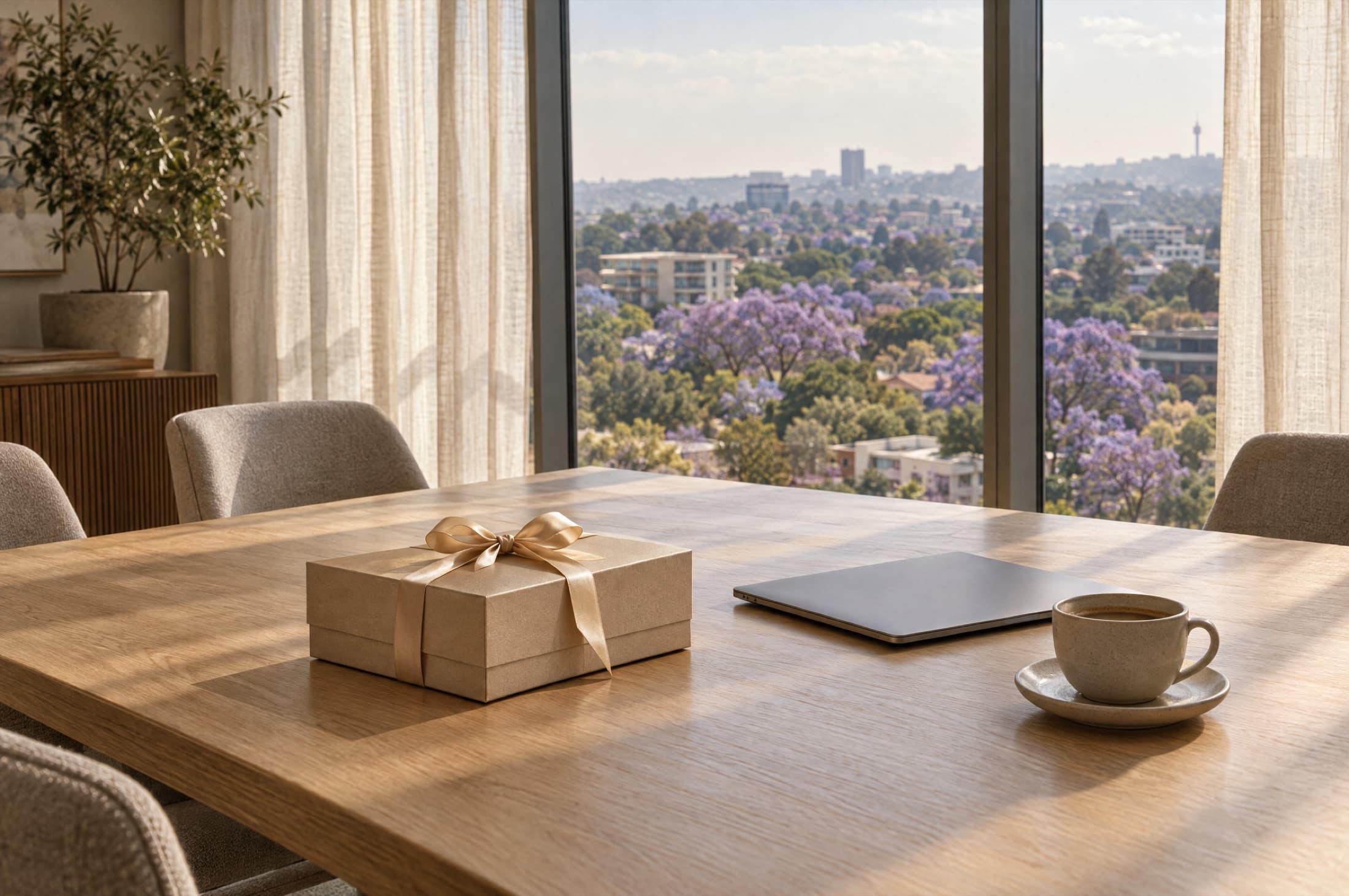 A gift box tied in gold ribbon on a boardroom table, jacaranda trees in bloom beyond the windows