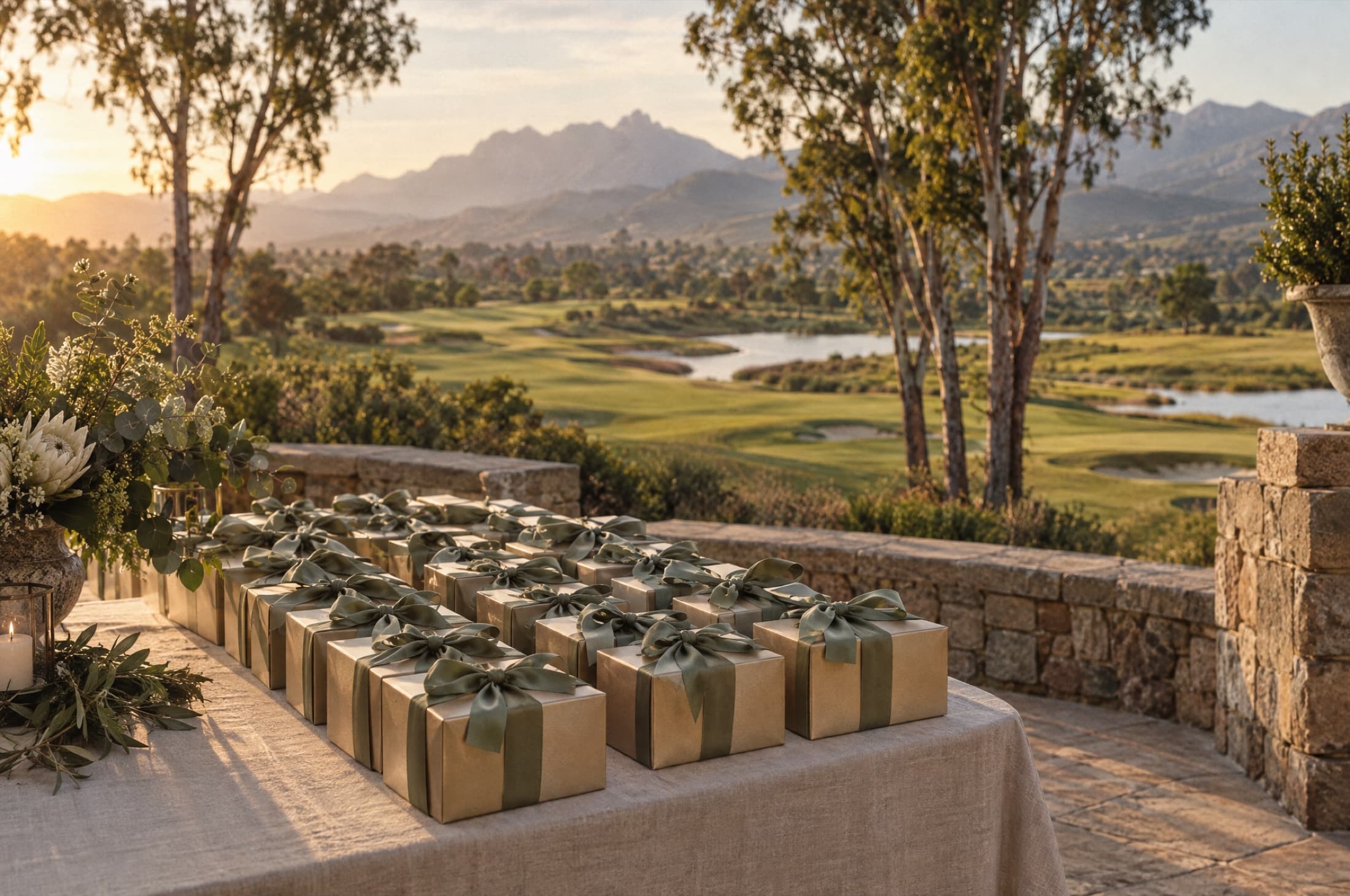 A golf-day welcome table of gift boxes tied in sage ribbon, overlooking a fairway at sunset